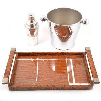 Lot 275 - An Art deco twin-handled tray, a silver-plated cocktail shaker, and an Alfra Italy ice bucket.