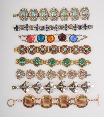 Lot 351 - Eight 1950's 1960's colourful paste bracelets.