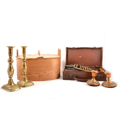 Lot 271 - A collection of vintage items, to include opera glasses, dominoes, brass candlesticks etc.