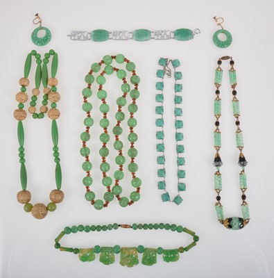 Lot 348 - Pressed glass and bakelite jewellery simulating jade, necklaces, earrings.