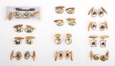 Lot 391 - Twelve pairs of novelty cufflinks with celluloid panels of dogs and horses.