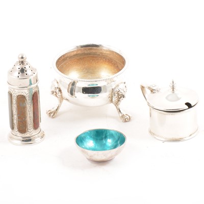 Lot 317 - An Irish  silver enamelled salt, Irish silver pepper inset with agates