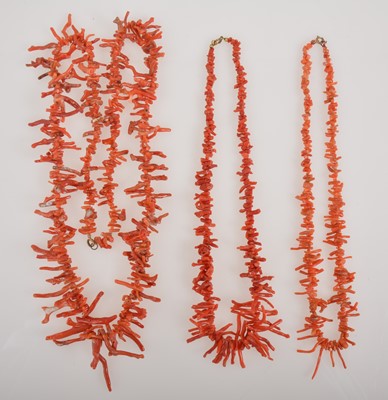 Lot 377 - Three graduated branch/twig coral necklaces.