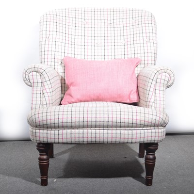 Lot 382 - A modern armchair, pink and grey checked woollen upholstery.