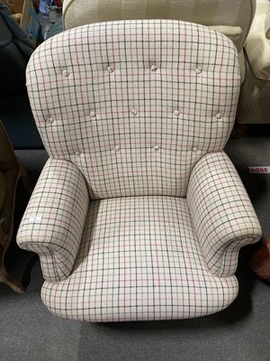 Lot 382 - A modern armchair, pink and grey checked woollen upholstery.