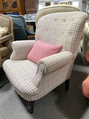 Lot 382 - A modern armchair, pink and grey checked woollen upholstery.