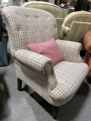 Lot 382 - A modern armchair, pink and grey checked woollen upholstery.