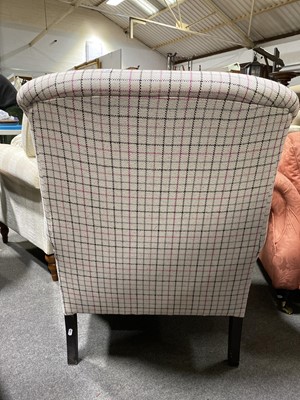 Lot 382 - A modern armchair, pink and grey checked woollen upholstery.