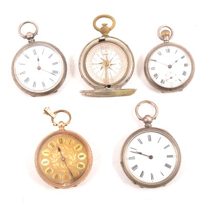 Lot 395 - A yellow metal pocket watch, marked 14C, plus three white metal pocket watches and a pocket compass.