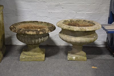 Lot 563 - Concrete pedestal planter, two similar, a rectangular plinth and a shell birdbath