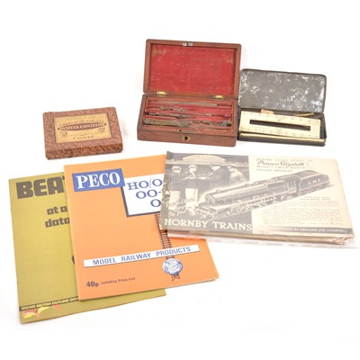 Lot 263 - Selection of items including; drawing sets, Victorian printing set, Trix railway accessory, tins, Kodak developing tank, etc.