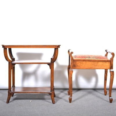 Lot 435 - Oak and stained wood occasional table, and a beechwood box seat piano stool.