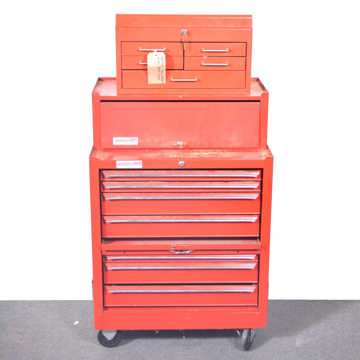 Lot 63 - Sealey American-Pro steel tool cabinet, with seven drawers; plus top unit, with three drawers; and one other portable tool chest top.
