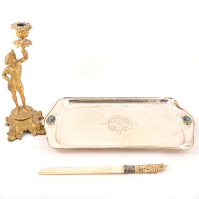 Lot 295 - An Arts & Crafts silver-plated tray, a gilded candlestick and an Indian letter opener.