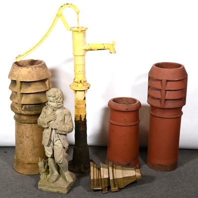 Lot 547 - Old painted cast iron pump, cast concrete figure of a boy, terracotta chimney poits, etc