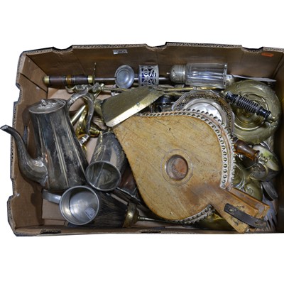 Lot 264 - One box of metal ware; including two copper warming pans, silver-plated and brass tea pots etc