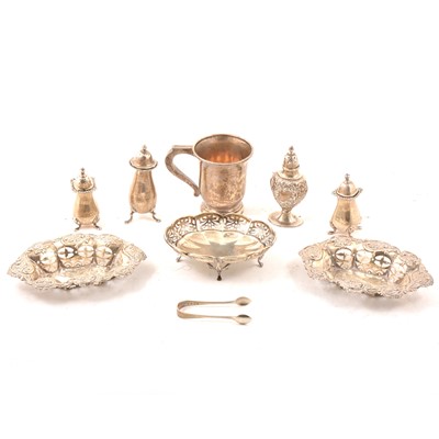 Lot 164 - Pair of silver sweetmeat dishes, christening mug, condiments.