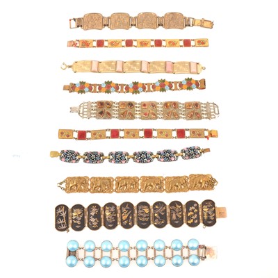 Lot 265 - Ten unusual vintage costume jewellery bracelets, Japanese damascene, enamel