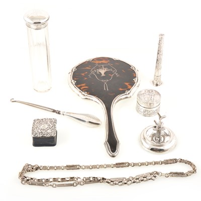 Lot 231 - A silver backed mirror, hat pin holder, ring tree, trinket box