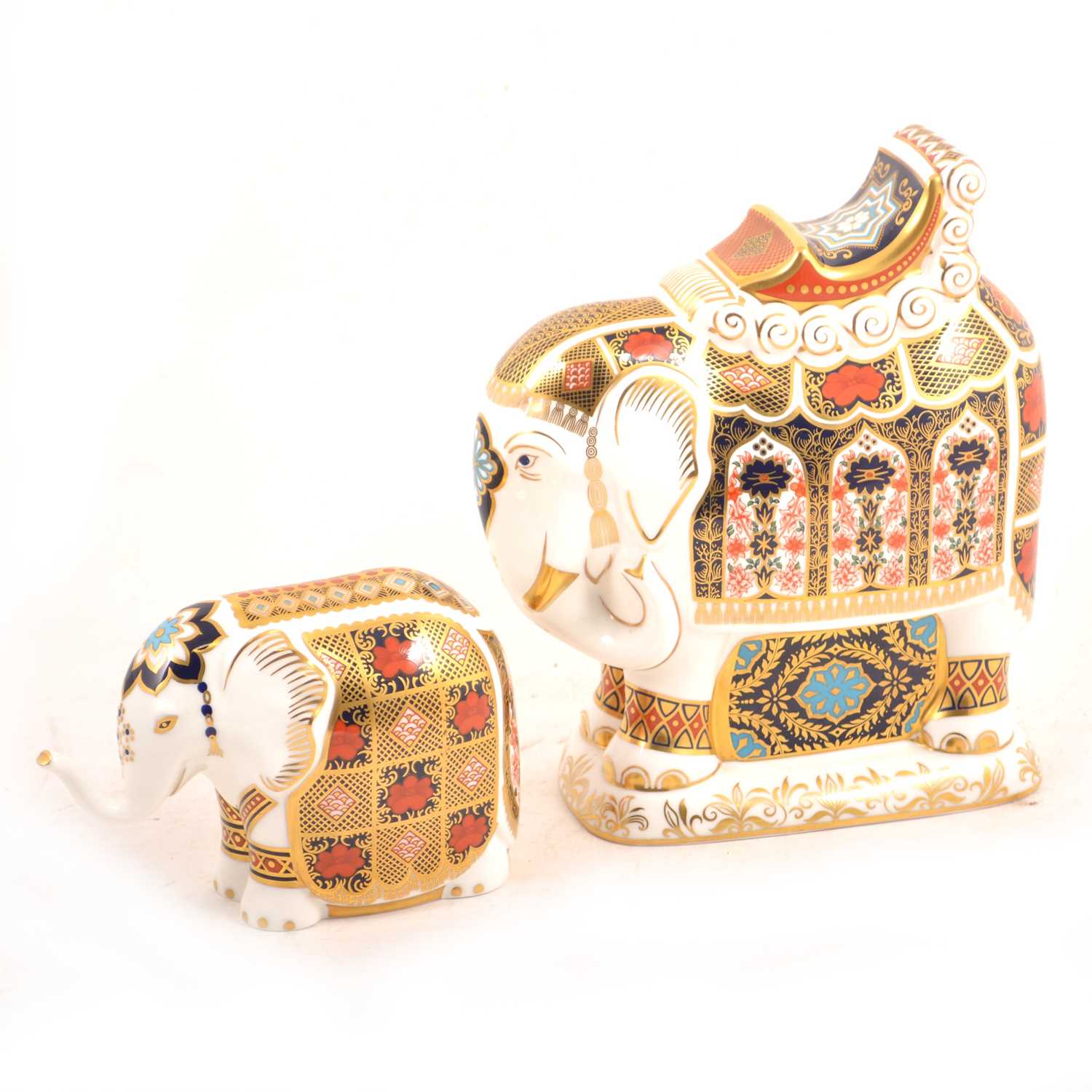 Lot 11 - Two Royal Crown Derby Imari elephant paperweights.