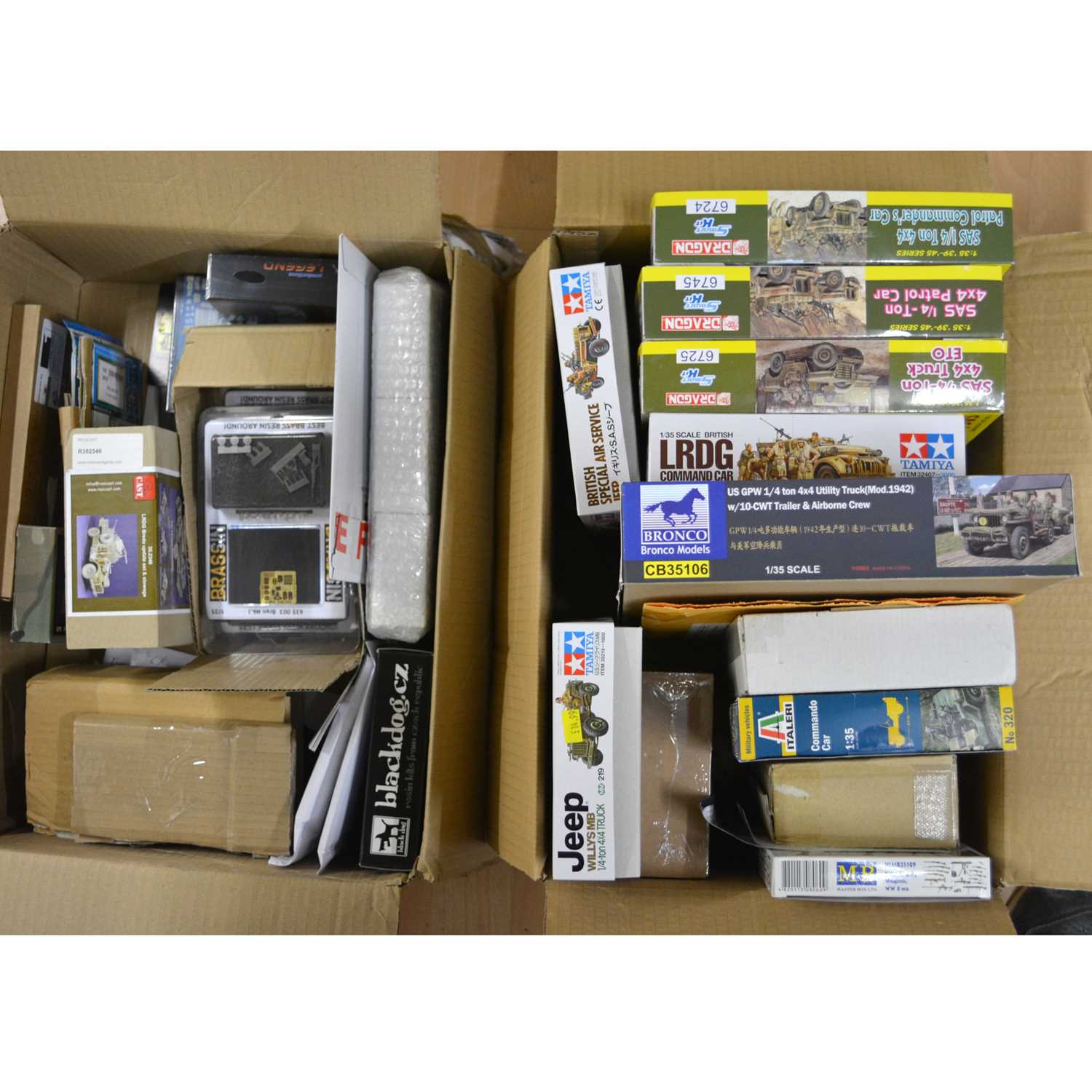 Lot 17 - Two boxes of military scale model kits; including Tamiya 1:35 scale LRDG Command Car