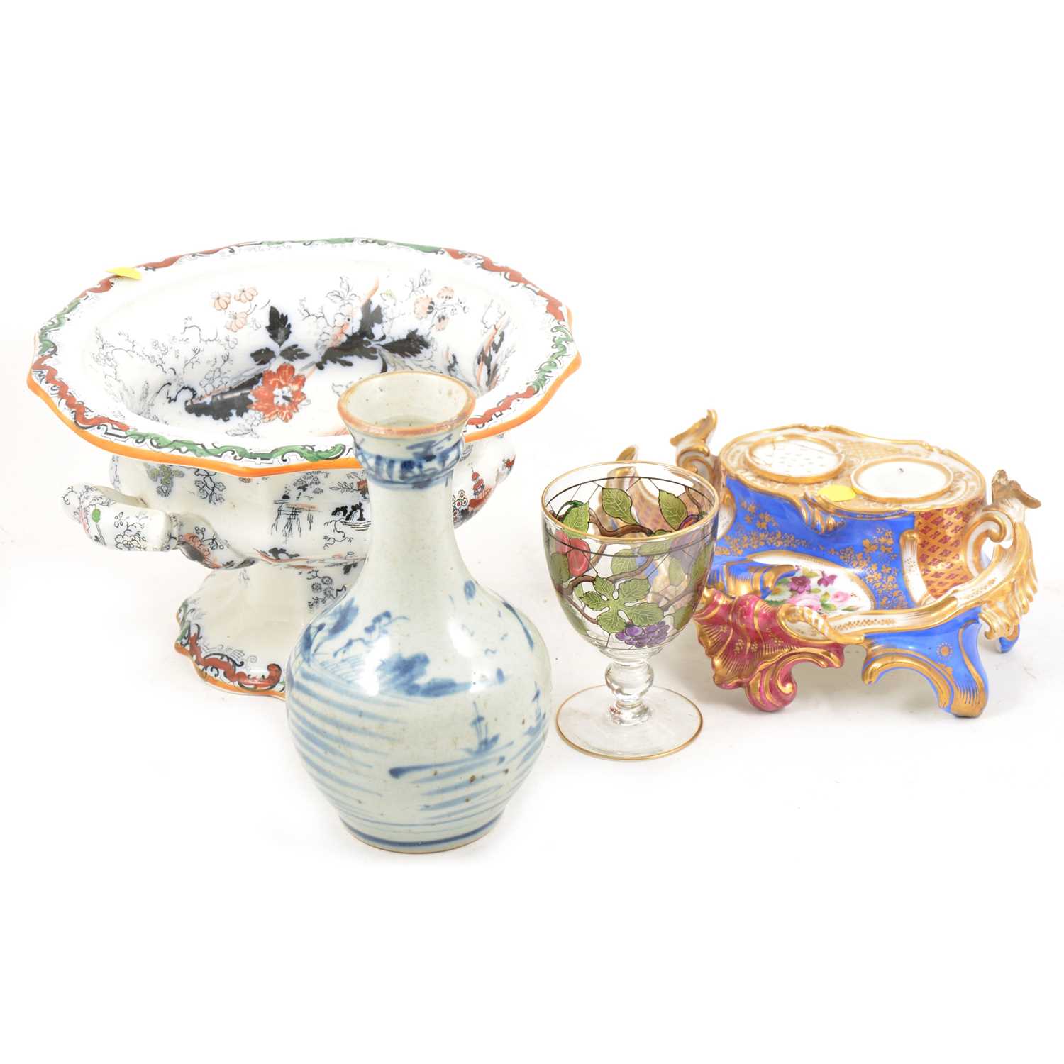 Lot 64 - A quantity of decorative ceramics including Asian stoneware bottle vase, deskstand, etc