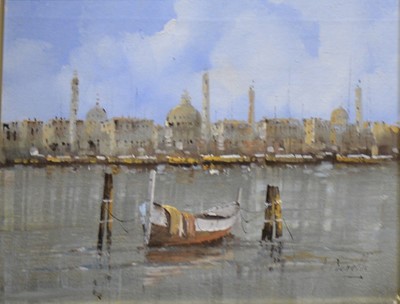 Lot 359 - Guido Borelli - Venetian scene with moored gondola.