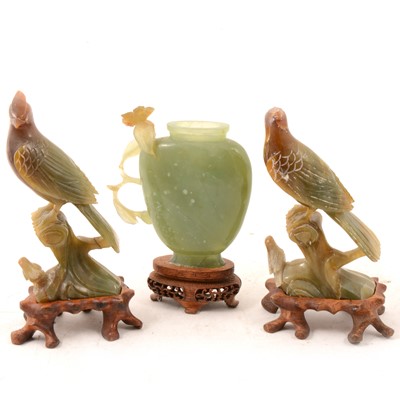 Lot 157 - Chinese carved soapstone models of birds, and Jadeite vase.