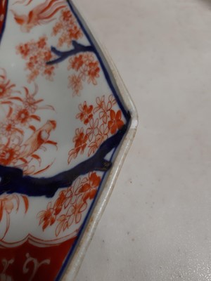 Lot 40 - A Staffordshire blue and white transfer printed tureen, and two Imari plates.