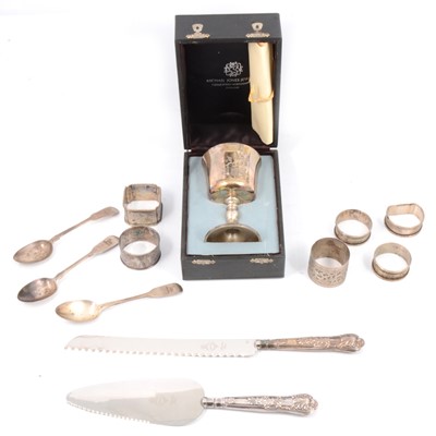 Lot 217 - Commemorative silver goblet, napkin rings and cutlery