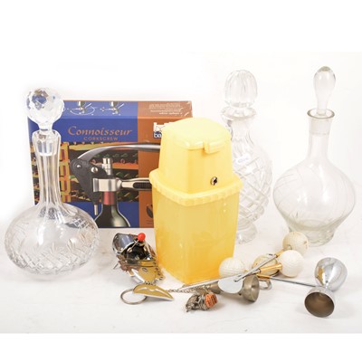 Lot 72 - Cut glass decanters, bottle openers, corkscrews, and other kitchenalia.