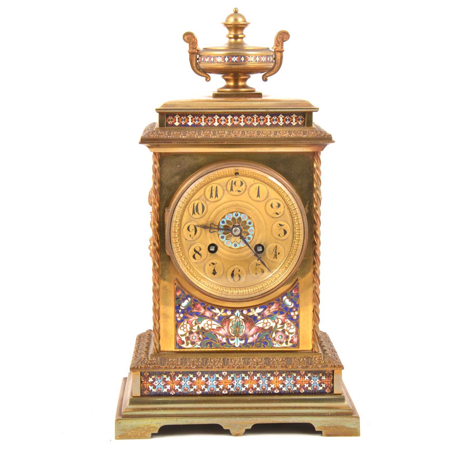 Lot 115 - A 19th Century French brass and champleve enamel mantel clock.