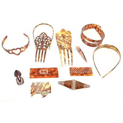 Lot 273 - Twelve  faux tortoiseshell hair bands, combs, brooches clips, mostly Art Deco, 1930s