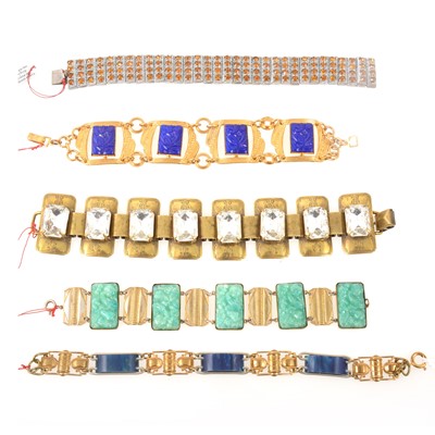 Lot 268 - Five Art Deco gilt metal bracelets with simulated gems