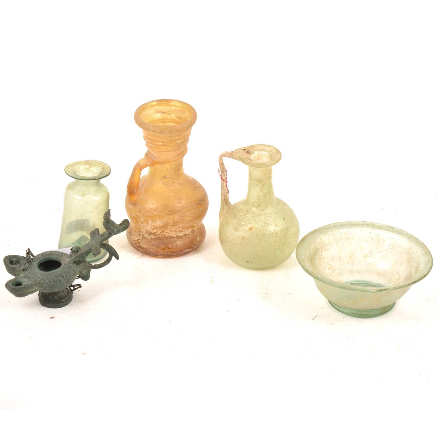 Lot 85 - Roman type glassware, and a patinated metal Roman style oil lamp