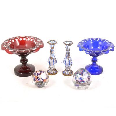 Lot 88 - Two overlaid glass bonbon dishes, vases and two Bohemian paperweights