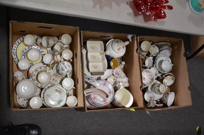 Lot 91 - Three boxes of vintage china teaware, Adderley black teaset with floral interior