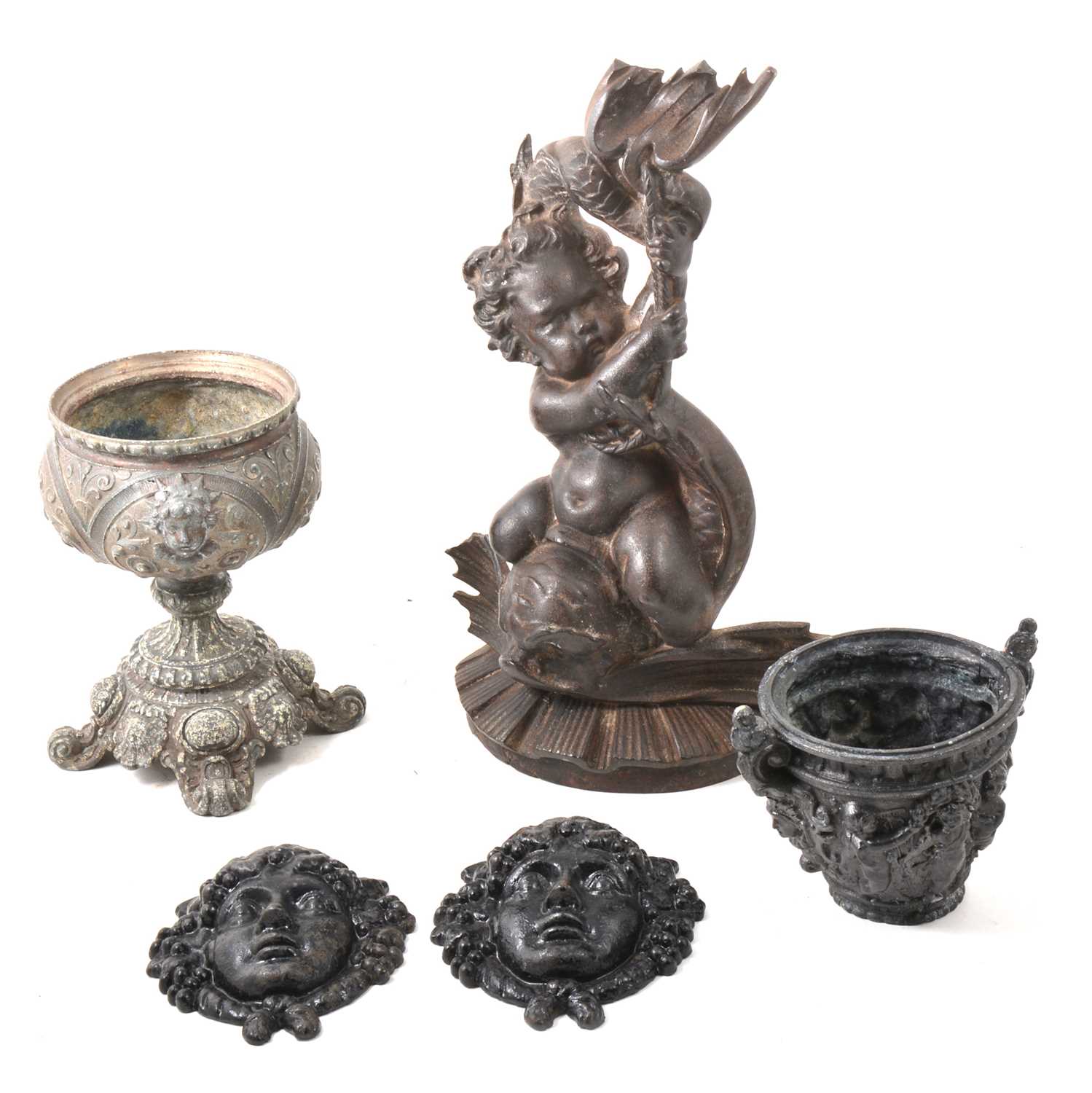 Lot 110 - A collection of metal wares, to include pewter plates, metal jardiniere, bust, bells etc.