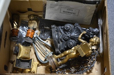 Lot 112 - A box of metal wares, to include busts, furniture mountings, plaques etc.