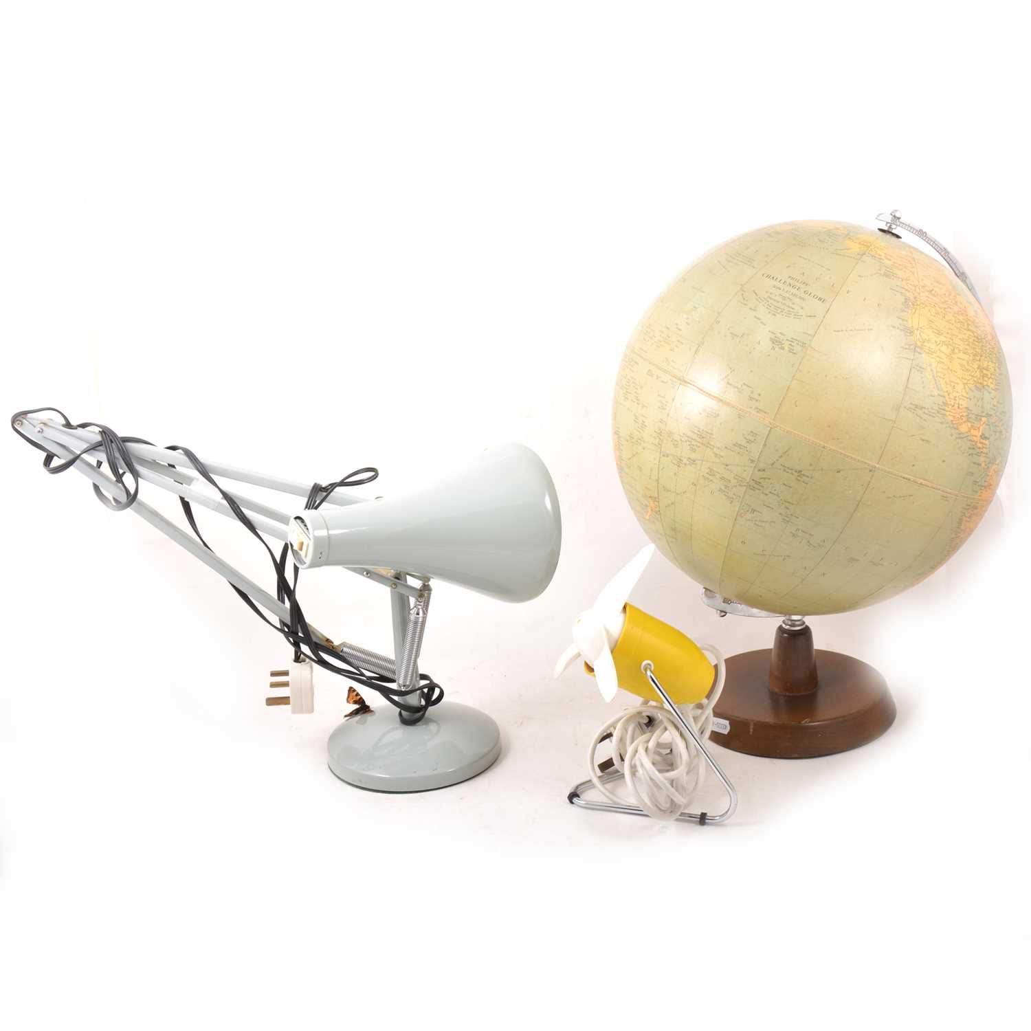 Lot 160 - An anglepoise lamp, a vintage electric fan and a Philip's Challenge Globe.
