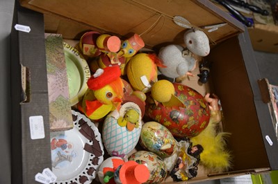 Lot 135 - Collection of vintage Easter decorations, including card eggs, animals/bird figure containers, other vintage miniature dolls, etc