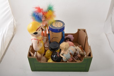 Lot 136 - Three French fashion doll ceramic doll heads, other vintage figures and dolls.