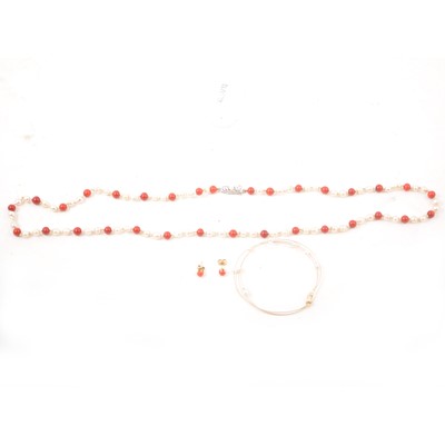 Lot 203 - A coral and pearl necklace, pair of stud earrings and three strand bracelet with cultured pearls