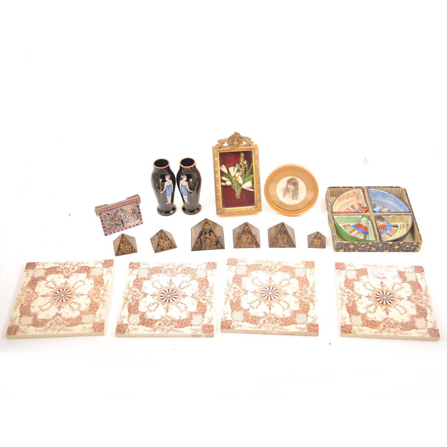 Lot 156 - A small collection of Egyptian items, plus Victorian tiles, a framed material buttonhole and a print