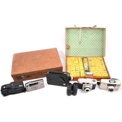 Lot 110 - A Mahjong set in a leather case; small leather attaché case; cameras, etc.