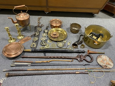 Lot 115A - Brass and copper wares, carriage driving whips, etc.