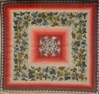 Lot 389 - A Victorian style beadwork table cover and embroidered pictures.