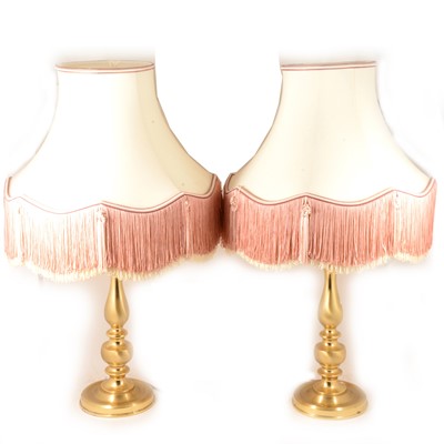 Lot 160 - BHS pair of modern satin brass table lamps, with shades, 80cm.