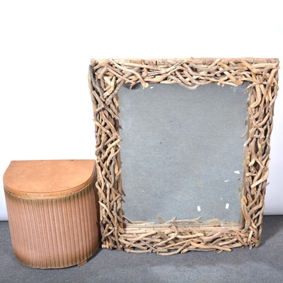 Lot 589 - Reclaimed wood wall mirror and a cane basket