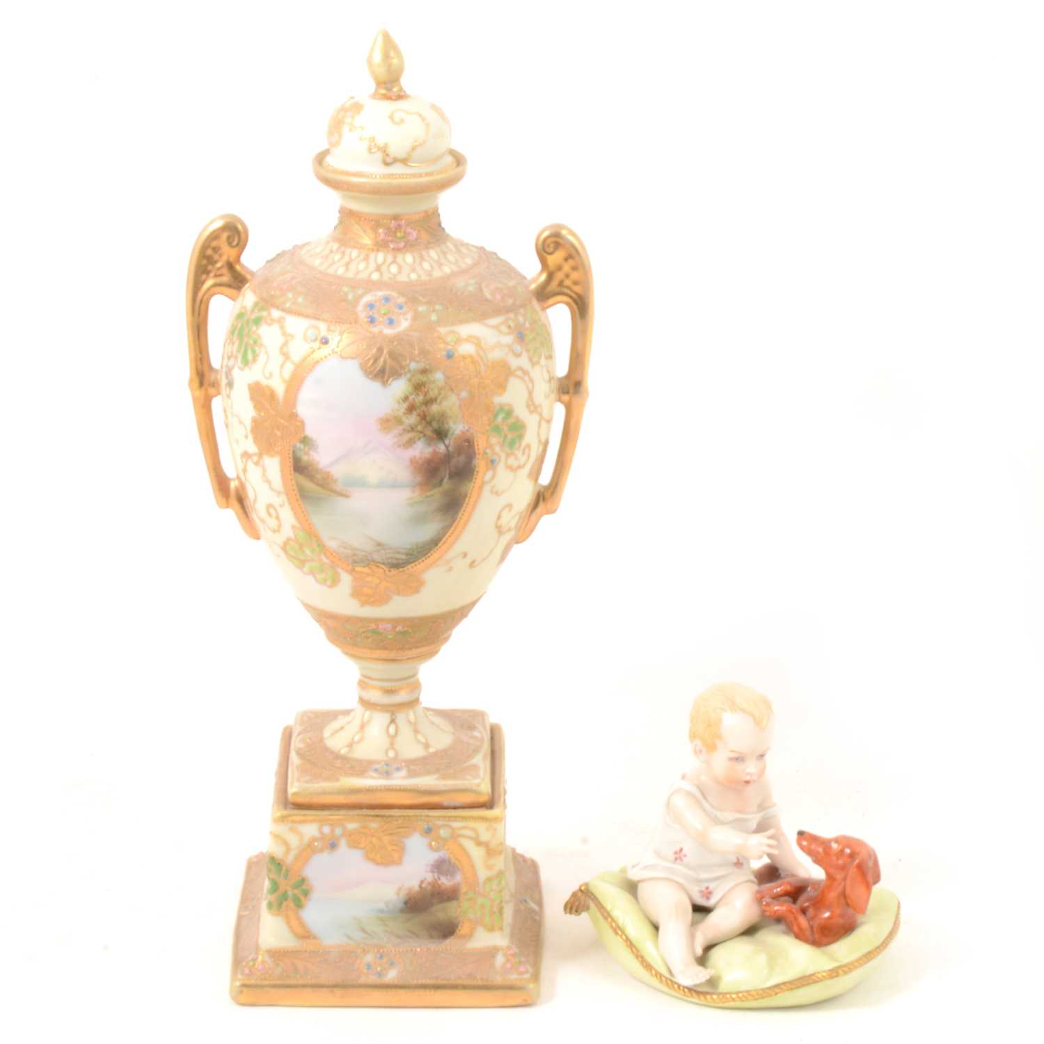 Lot 37 - Sitzendorf model of child with puppy; and Noritake twin-handled pedestal vase.